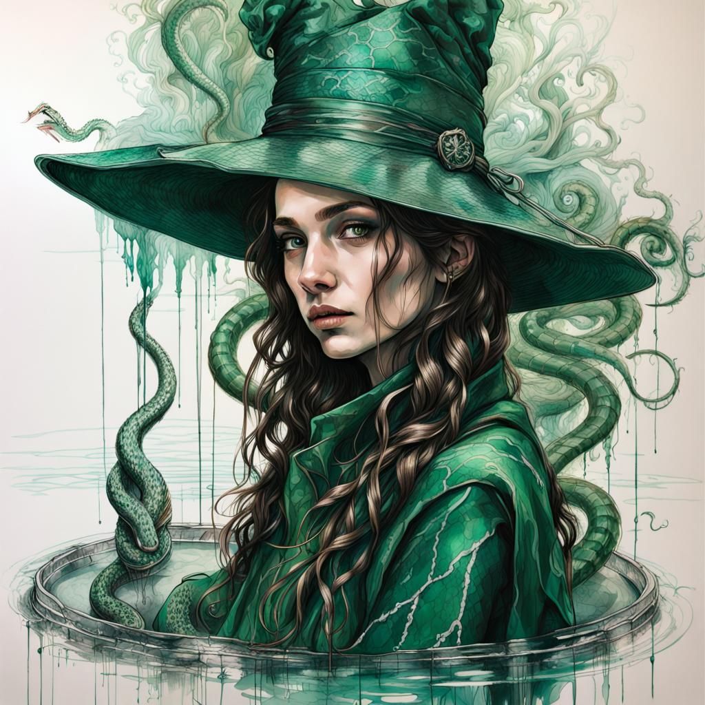 Emerald Serpent: Slytherin Student in Rococo Line Art