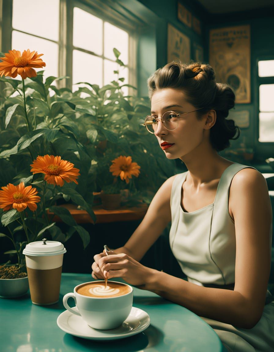 Surreal Dystopian Diner Scene with Woman and Coffee