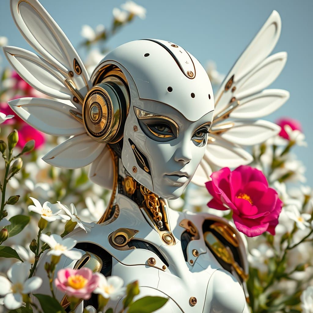 Biomechanical Robot Woman with Flowers in Bright Sunlight