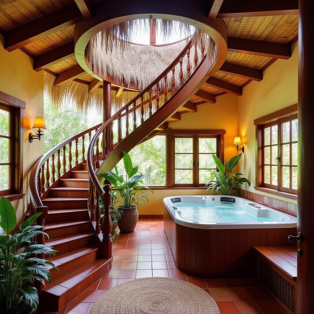 Rooftop Cabana with Spiral Staircase in Naive Art Style