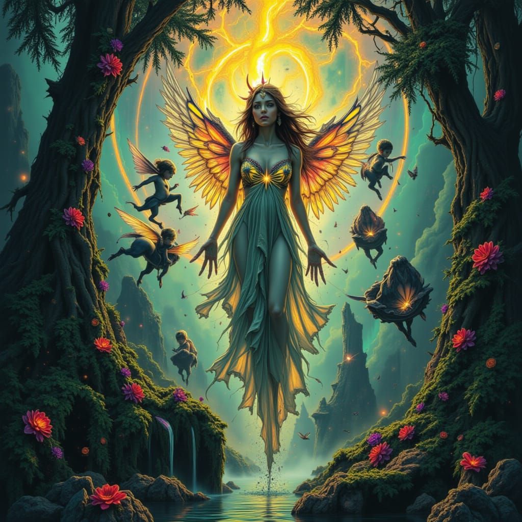 vortex of iridescent aurora lights in an ancient enchanted forest