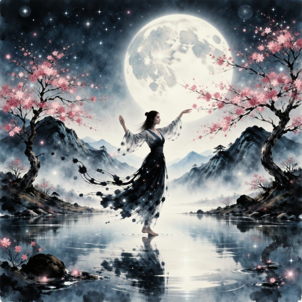 Jedi Dancing in Moonlit Pond, Sumi-e Style