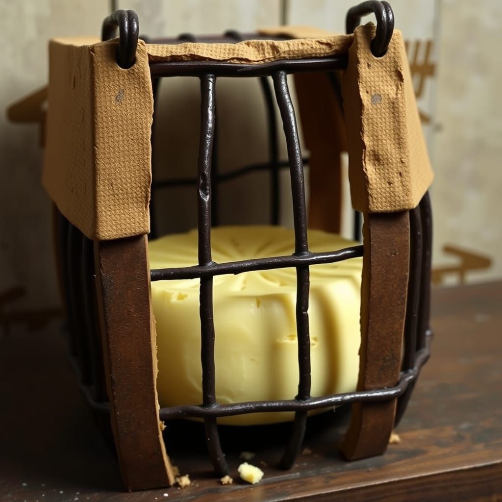 The Camembert cheese sits in a cage, its punishment for bein...