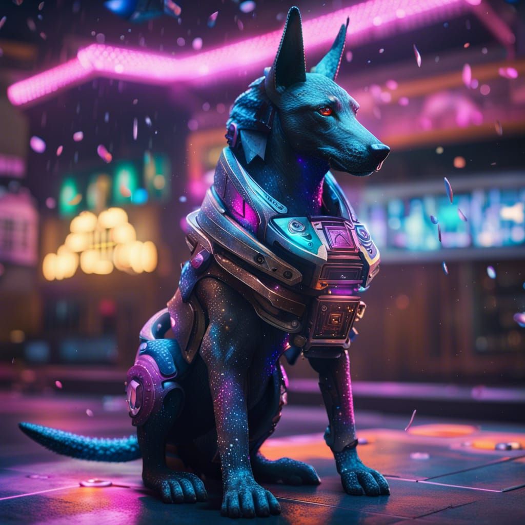 Cosmic Marshmallow Anubis Hound in Cyberpunk Street