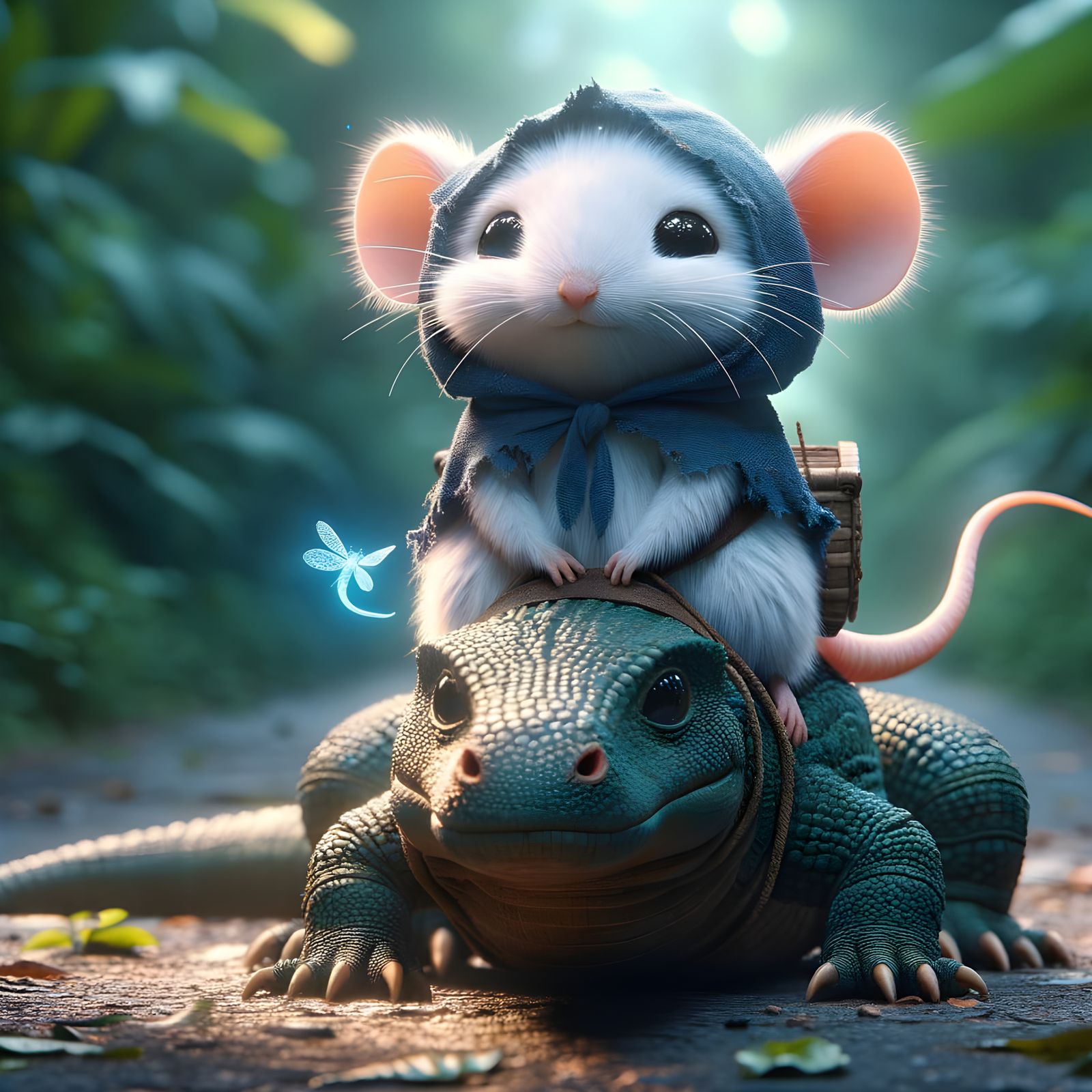 Cute Street Merchant Riding Komodo Dragon in Jungle