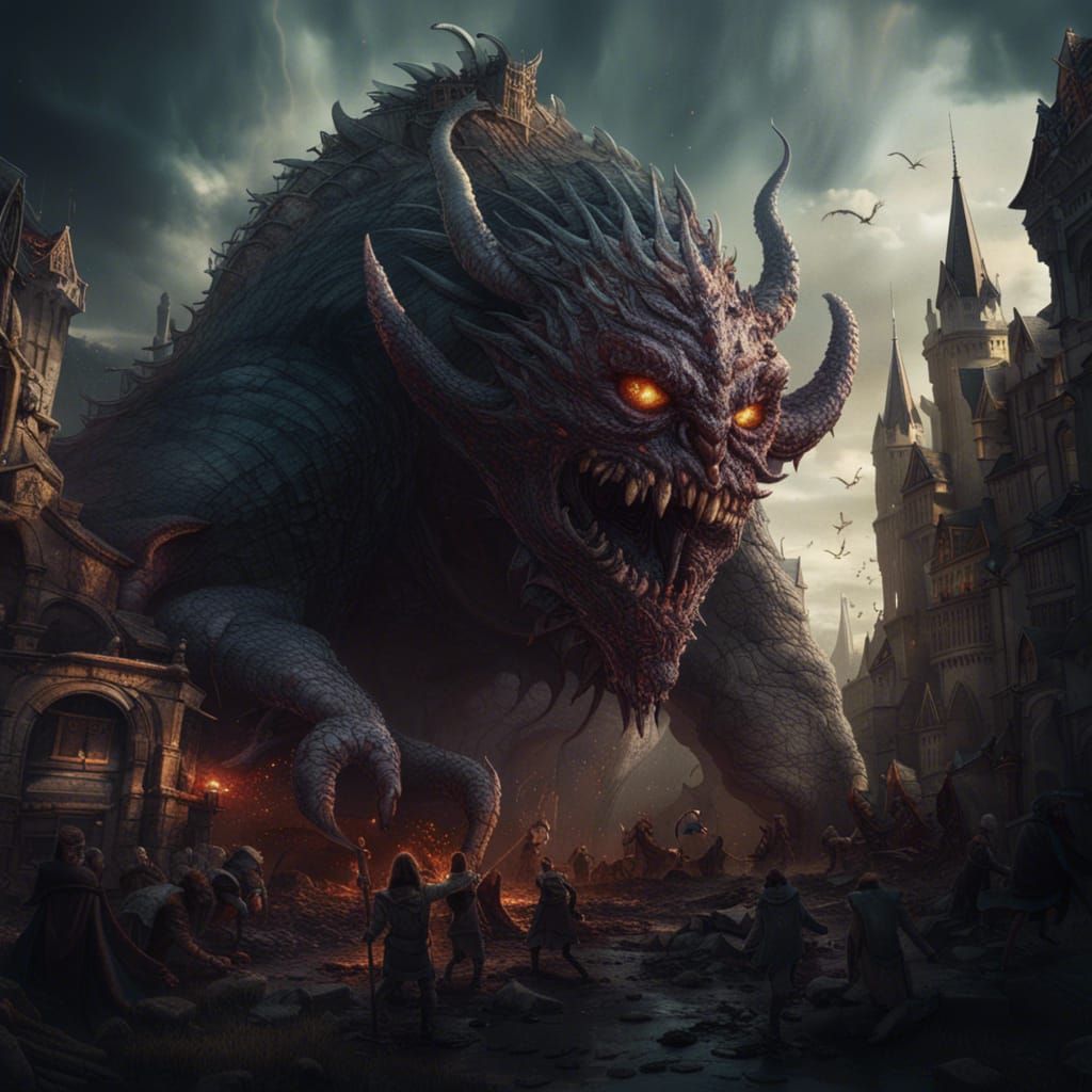 Monster Destroys Medieval City: Fantasy Concept Art