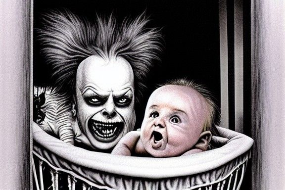 Terrifying Monster Baby in Bassinet, Burtonesque Illustratio...
