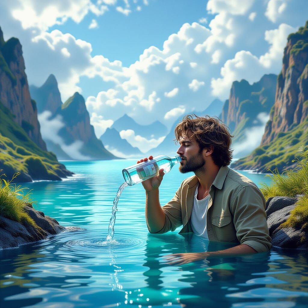 Hyperrealistic Coastal Scene in Glass Bottle