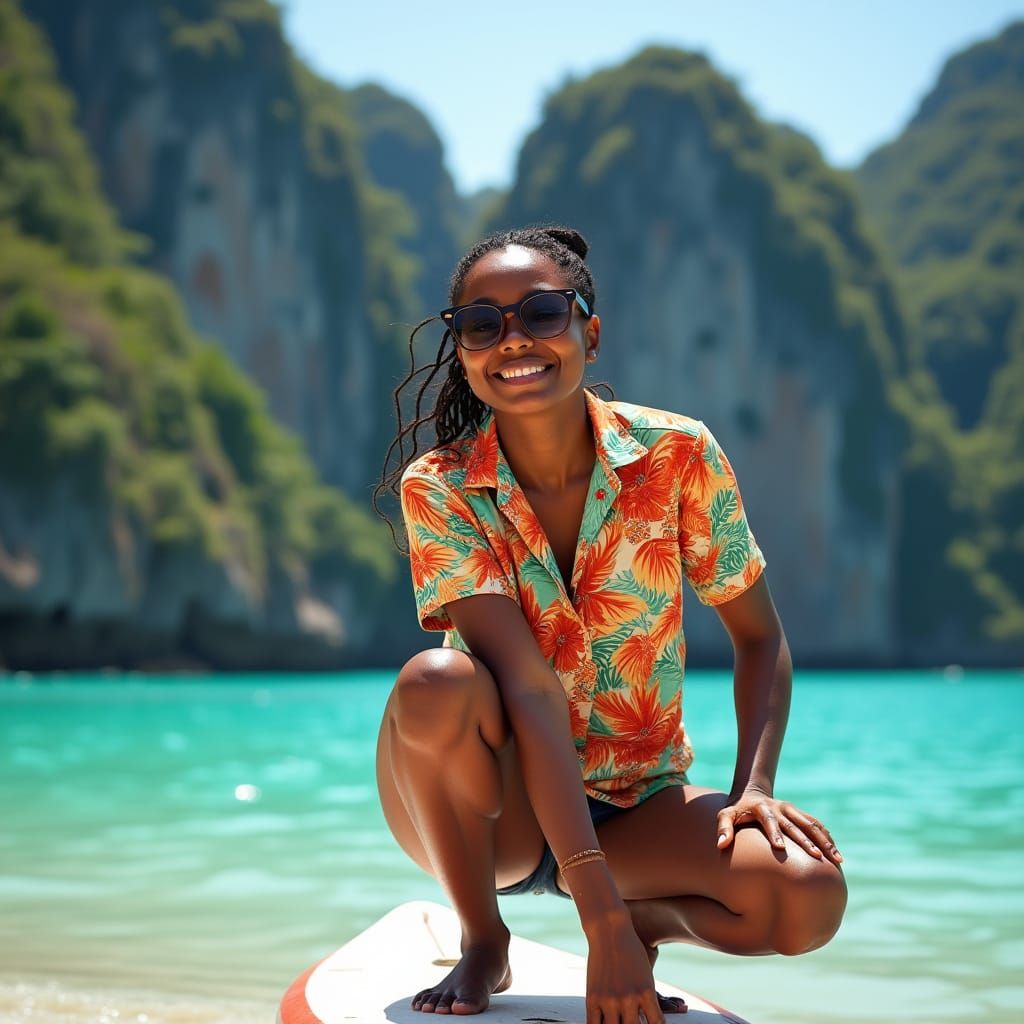 Nigerian Woman Surfing in Vibrant HDR Style