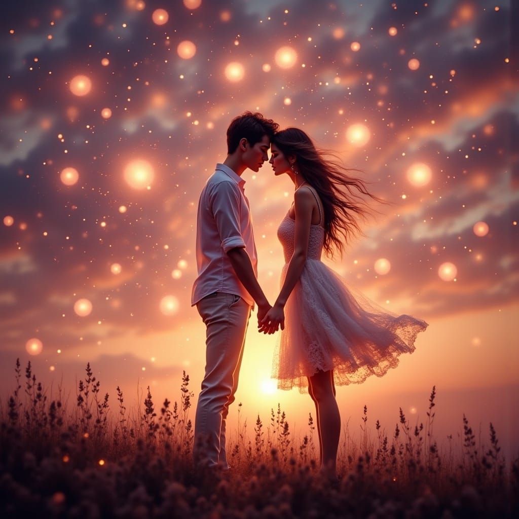 Romantic Twilight Kiss in Double Exposure Digital Art