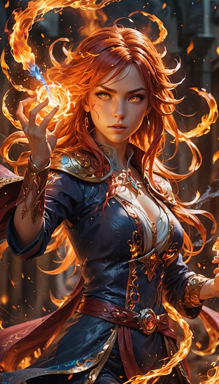 Flammme: Powerful Fire Mage in Hyperrealistic Style