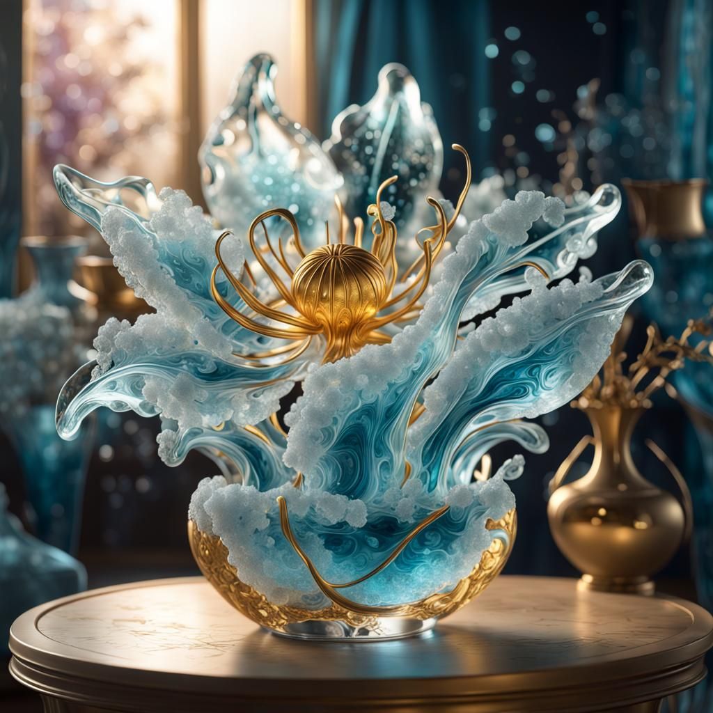Bioluminescent 3D Ice Sculpture of Flowers