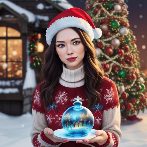 Festive Woman with Snow Globe in Splash Art Style