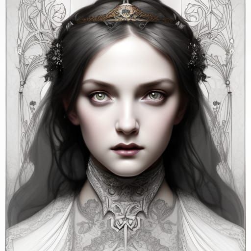 Gothic Princess Coloring Page Portrait in Line Art