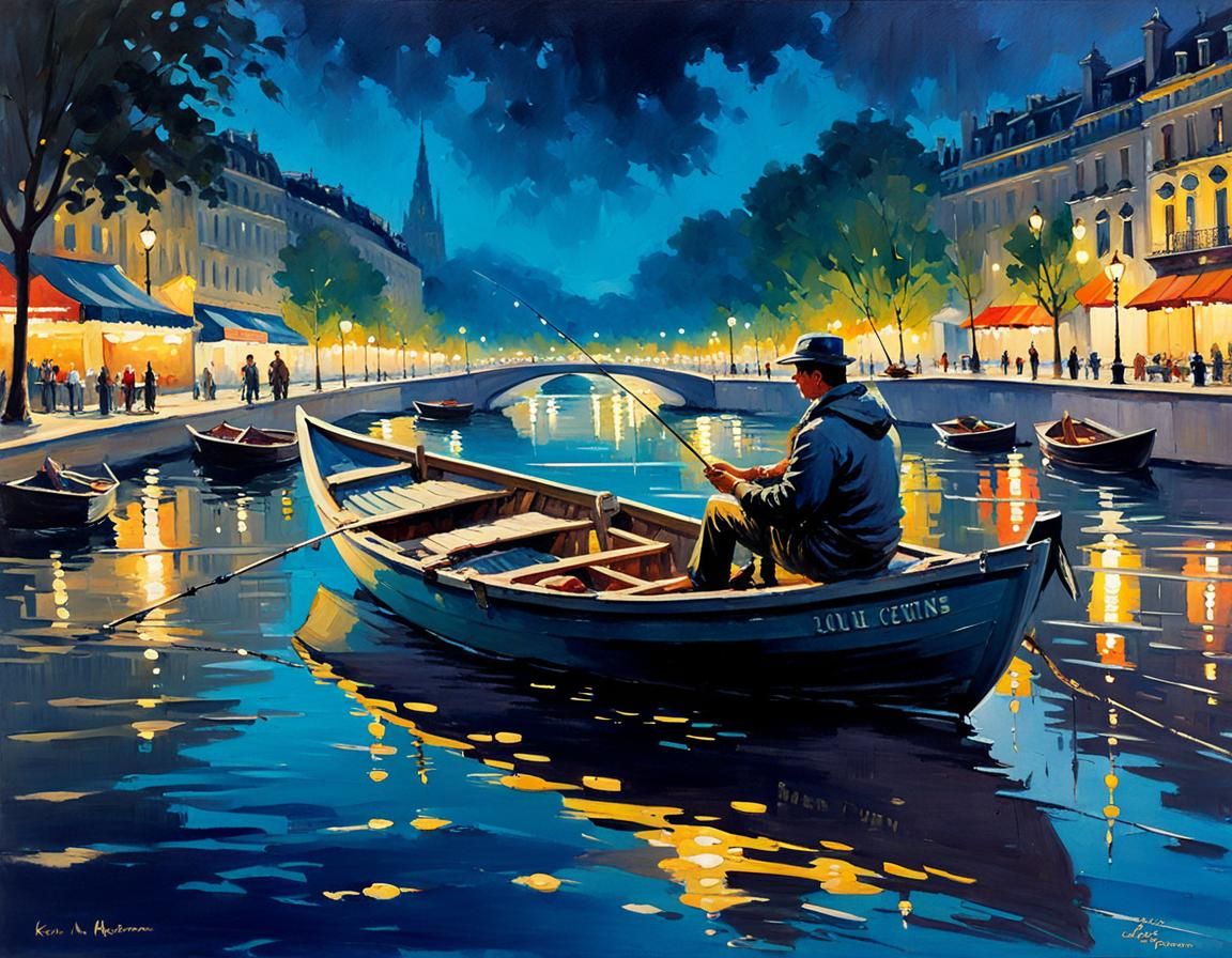 Night Fishing: Post-Impressionistic Watercolour Painting