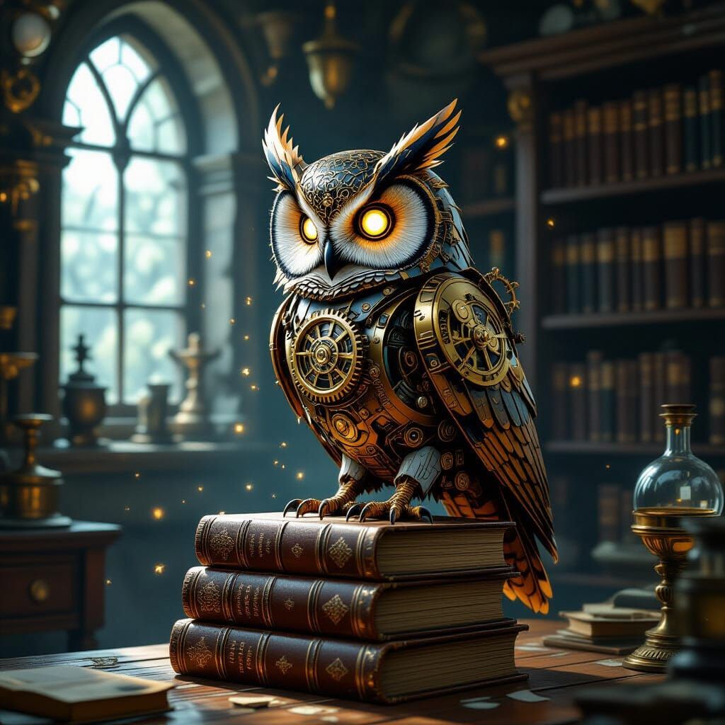 Steampunk Clockwork Owl on Tomes