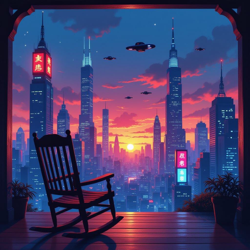 Futuristic Cityscape at Sunset in Gouache Style
