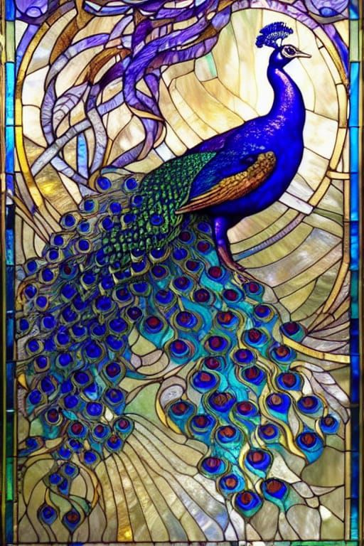Art Nouveau Peacock in Stained Glass Style