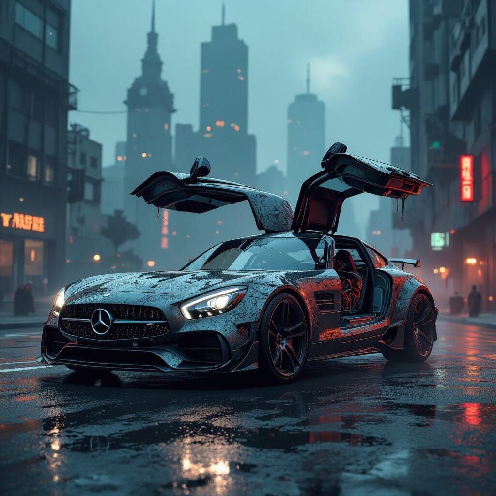 Mercedes Car Transforms into Horror Robot in Dark Cityscape