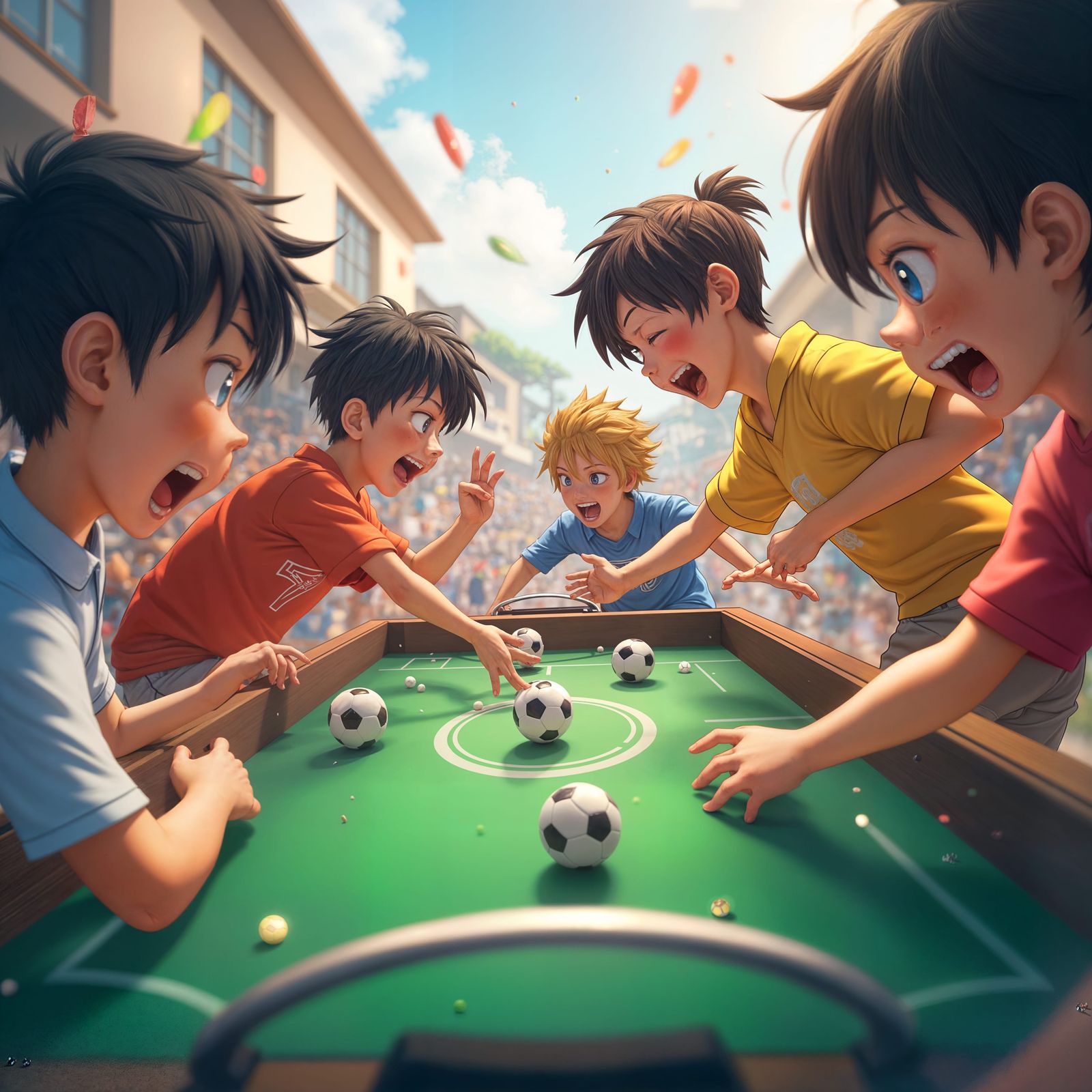 Vibrant Table Soccer Scene in 3D Anime Style