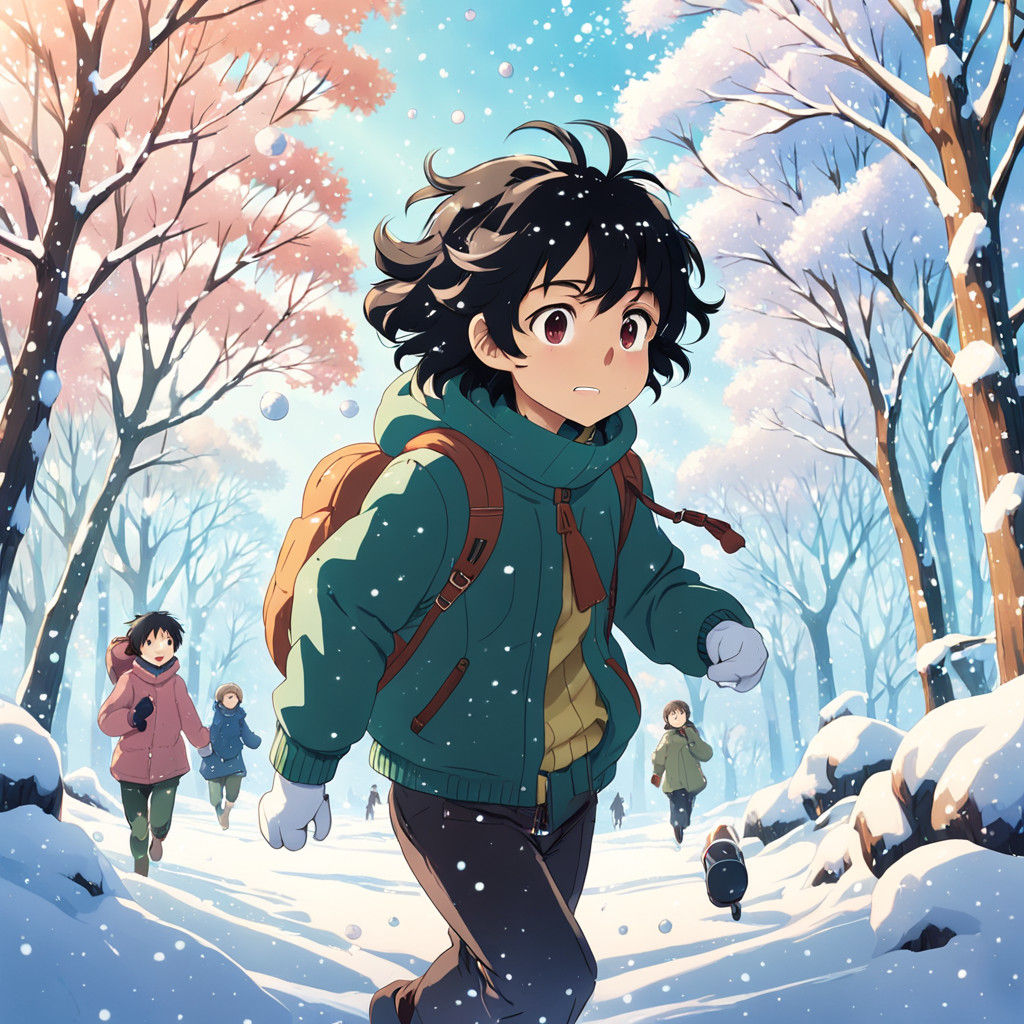 Joyful Italian Boy Runs in Winter Wonderland