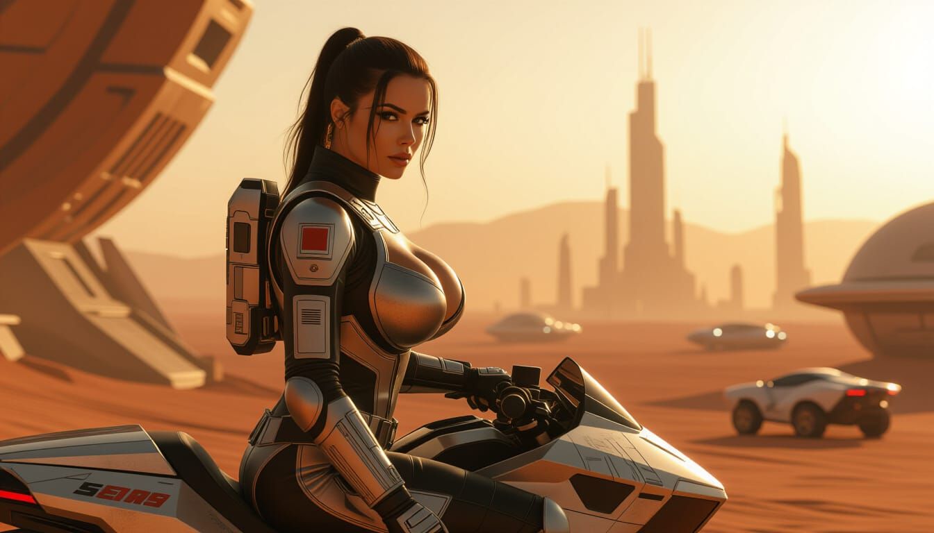 Woman in Spacesuit on Hoverbike in Martian City