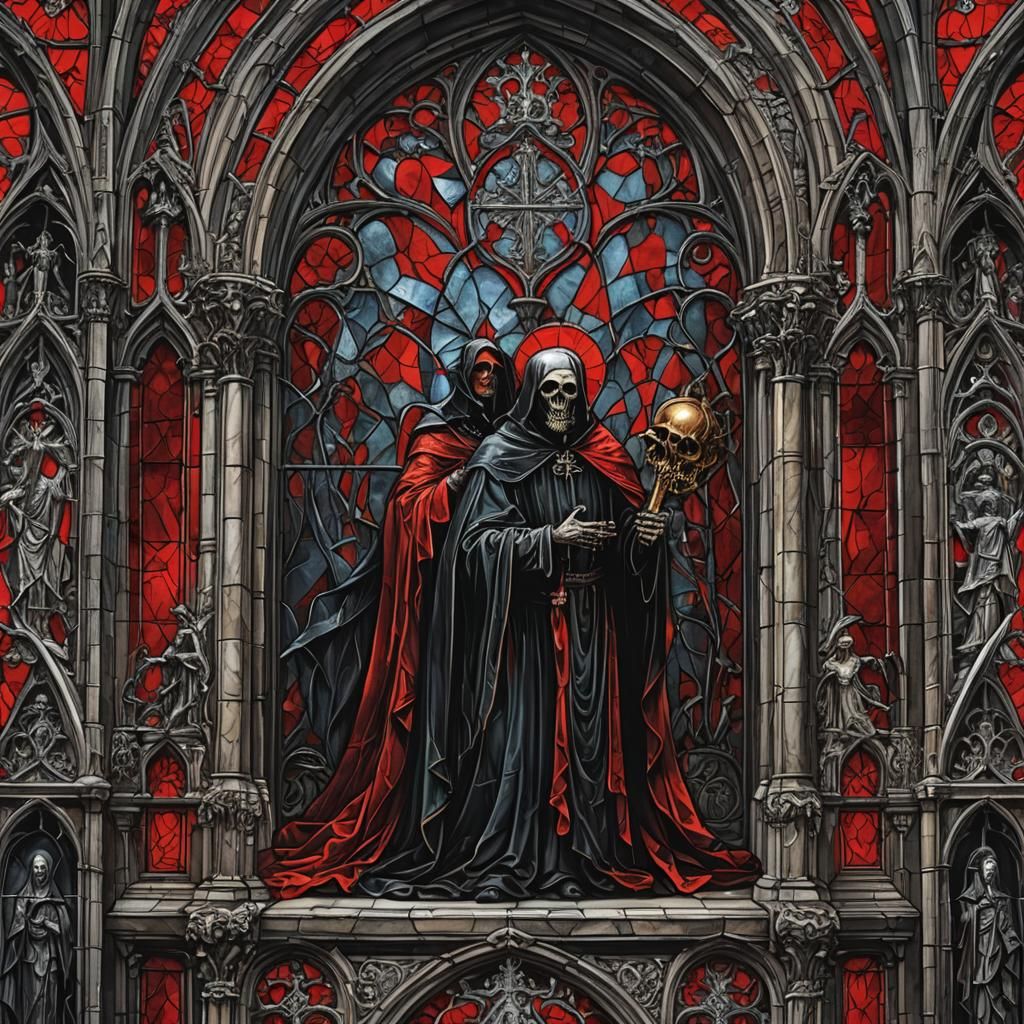 Gothic Horror Funeral in Red and Black Stained Glass