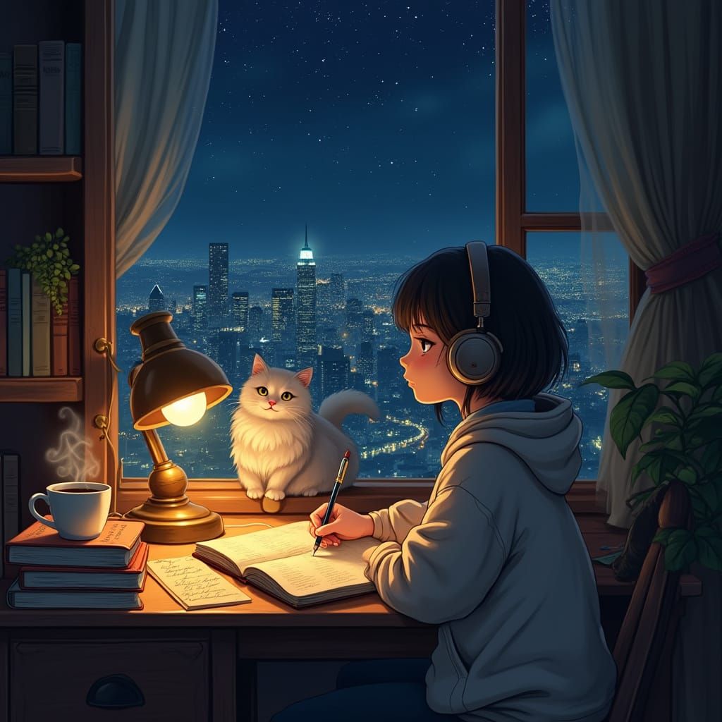 Cozy Nighttime Study Sanctuary in Soft, Painterly Style