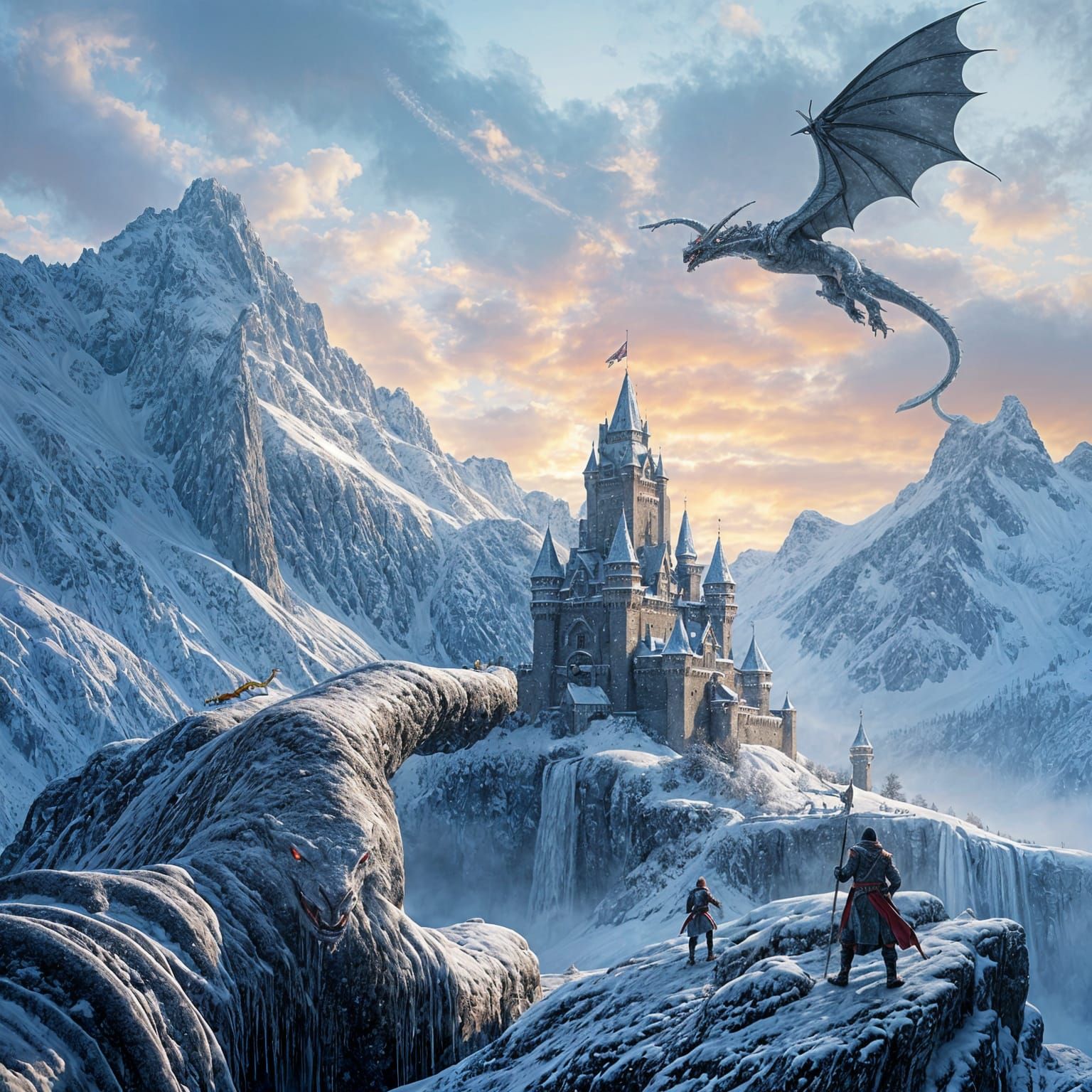 Epic Hyperrealistic Scene of a Frozen Castle with Snow-Cappe...