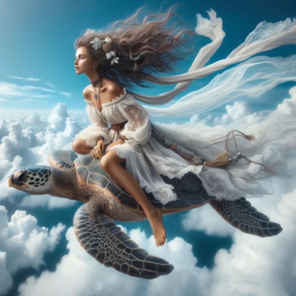 Dreamy Bohemian Goddess Soars on a Giant Sea Turtle
