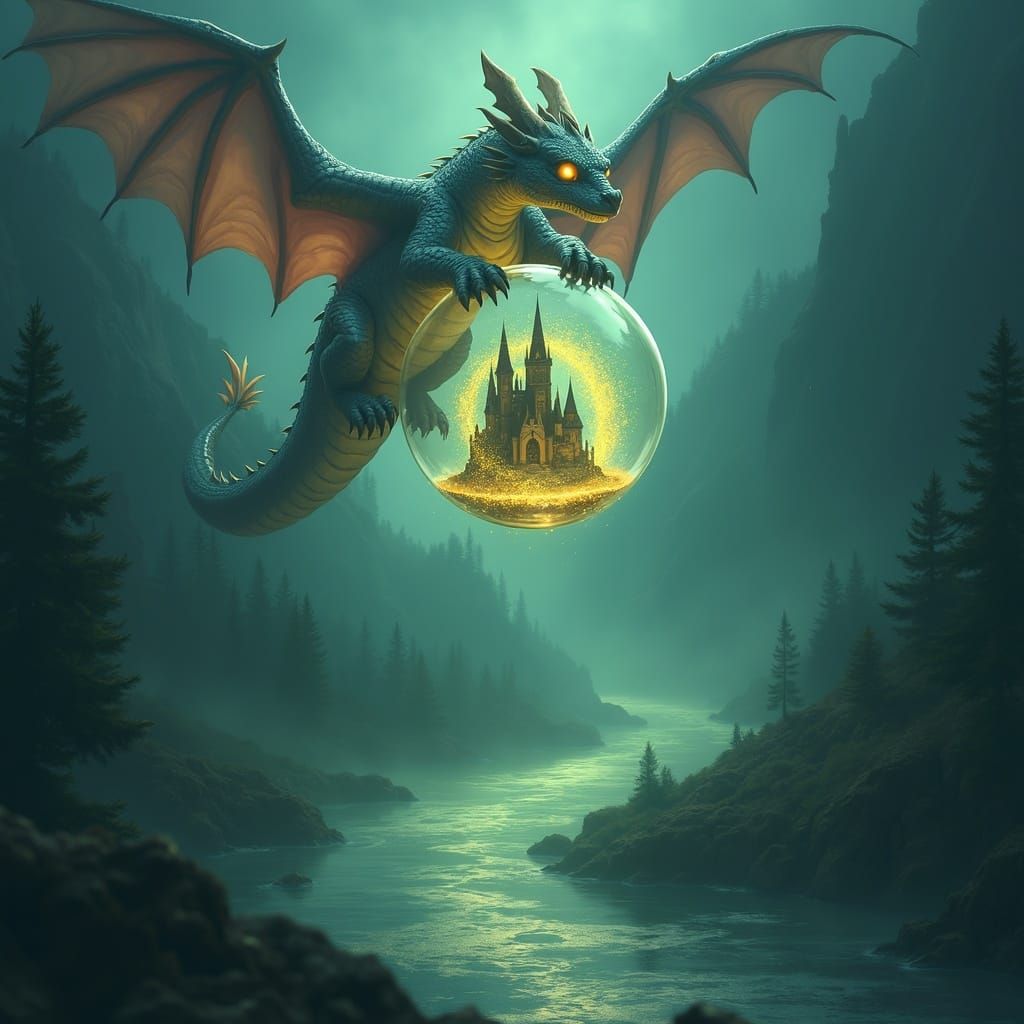 Silver Dragon Over Glowing River in Dark Fantasy Style