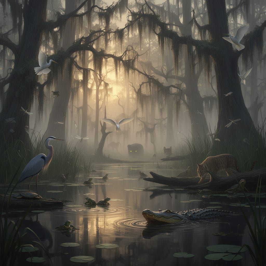Misty Swamp at Dawn with Wildlife in Golden Light