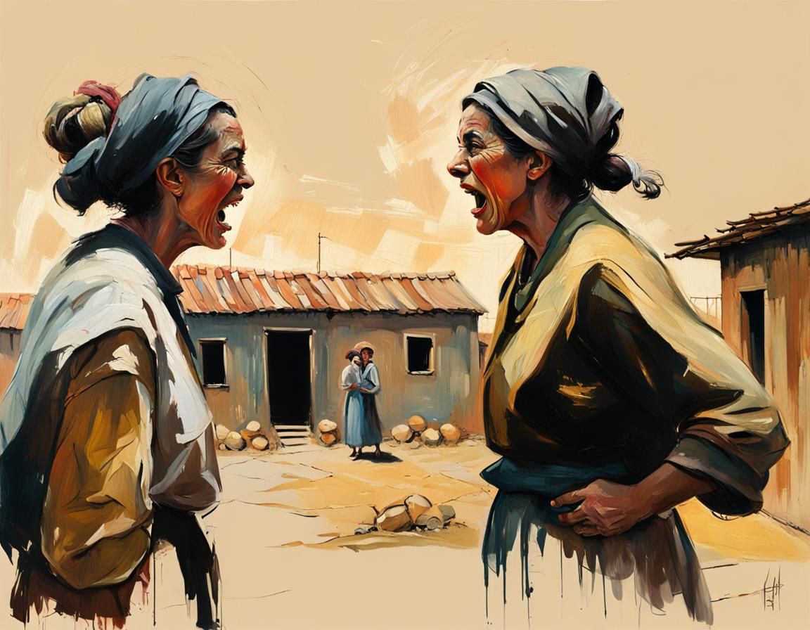 Sicilian Women Arguing: Expressionist Oil Painting