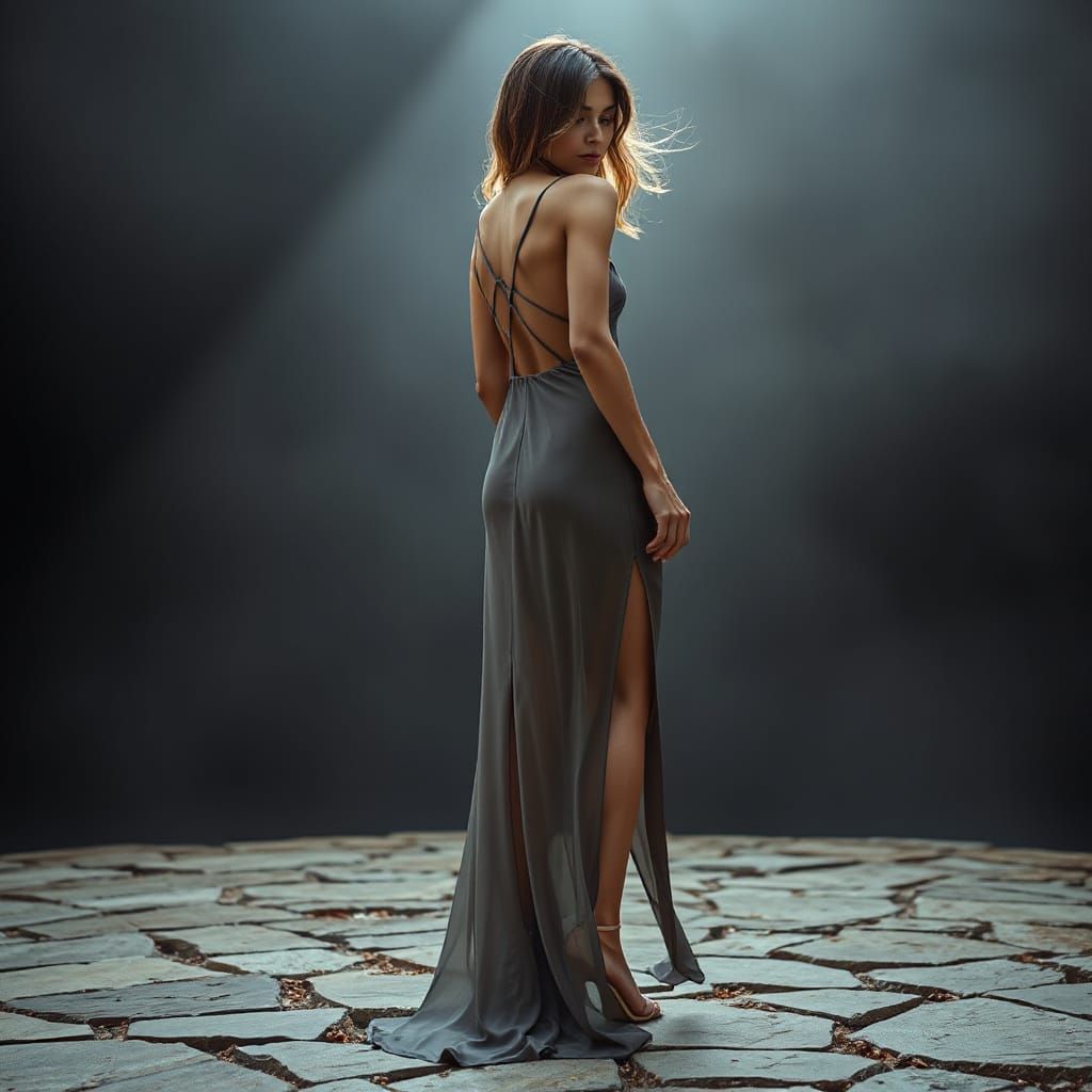 Cuban Woman in Flowing Gray Dress in Ethereal Landscape