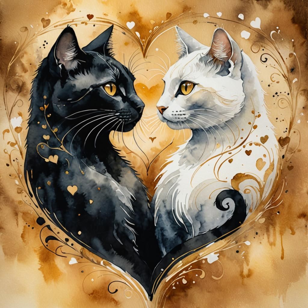 Stylized Cats Forming Heart in Watercolor Illustration