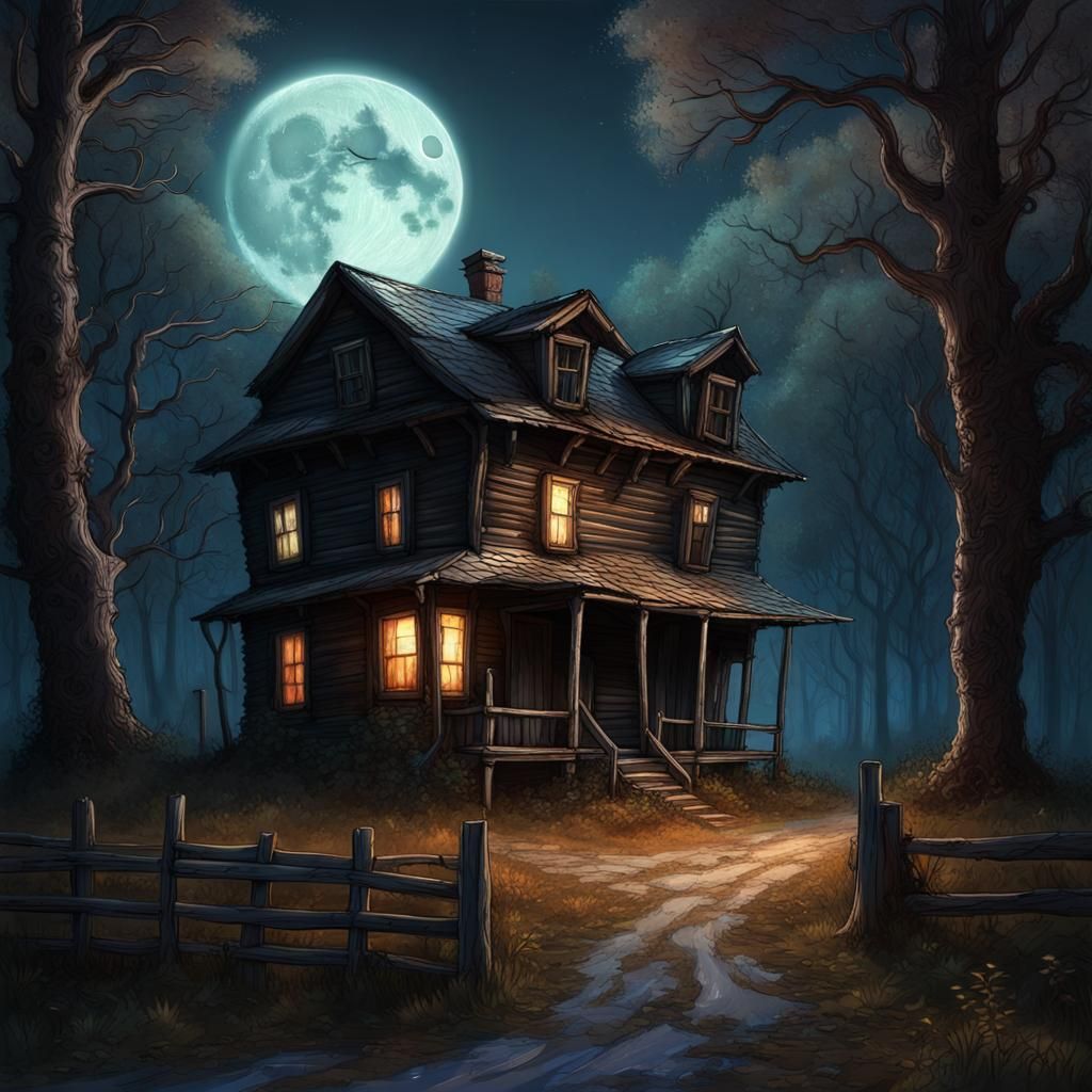 Sinister Dilapidated House in Forest: Cosmic Illustration