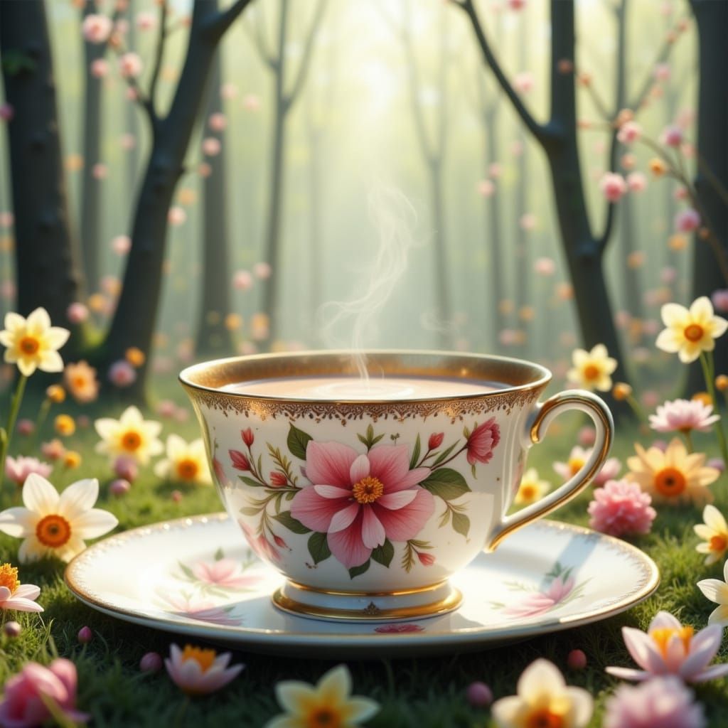Ethereal Spring Teacup in a Dreamy Forest Scene