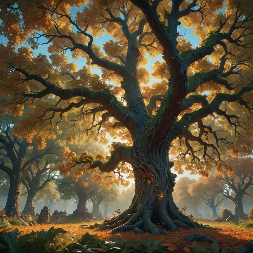 Autumnal Oak Leaves in Fantasy Landscape