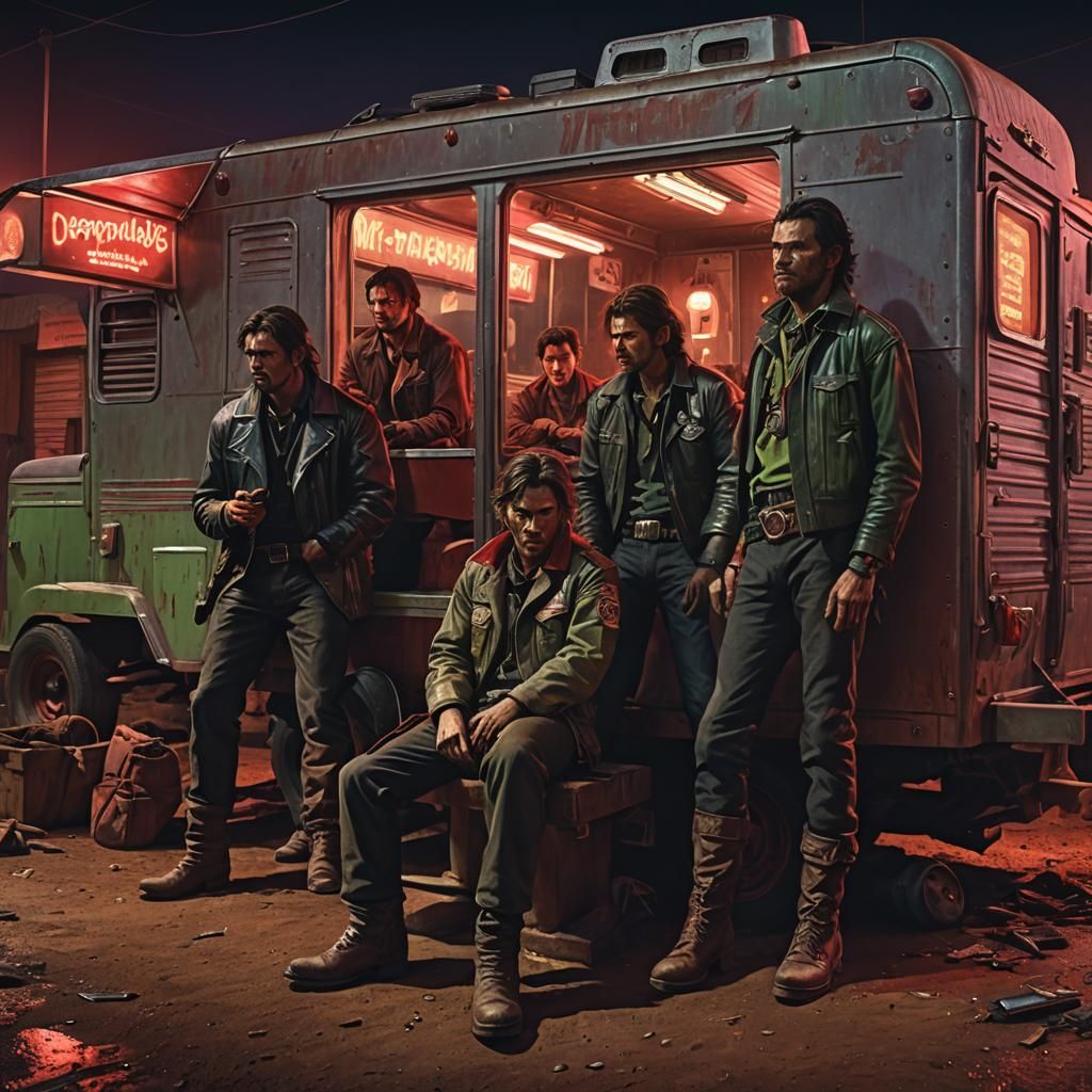 Desperadoes in Dimly Lit Trailer: Cinematic Concept Art