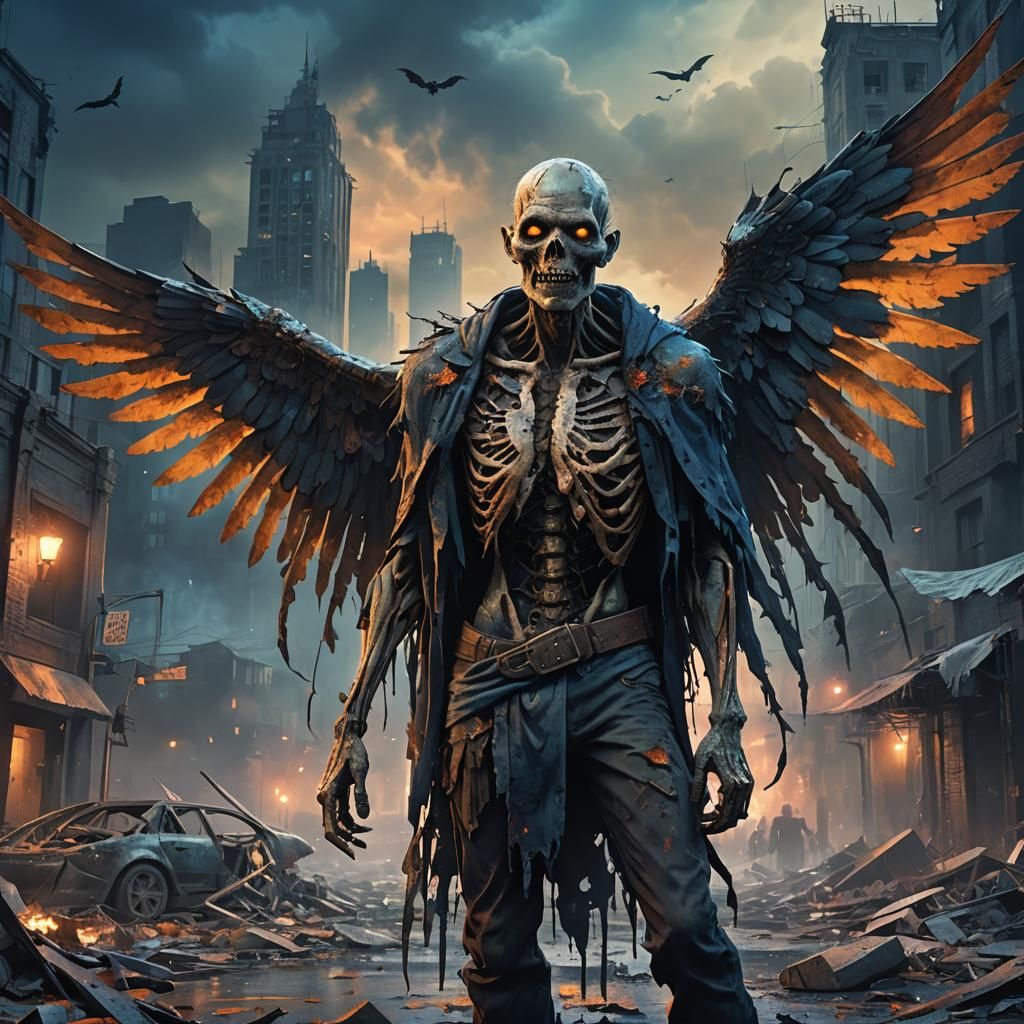 Apocalyptic Zombie with Wings in Dark Fantasy Style