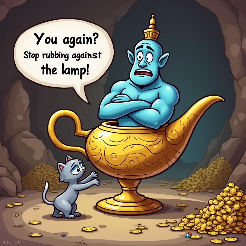 Frustrated Genie and Playful Cat Cartoon