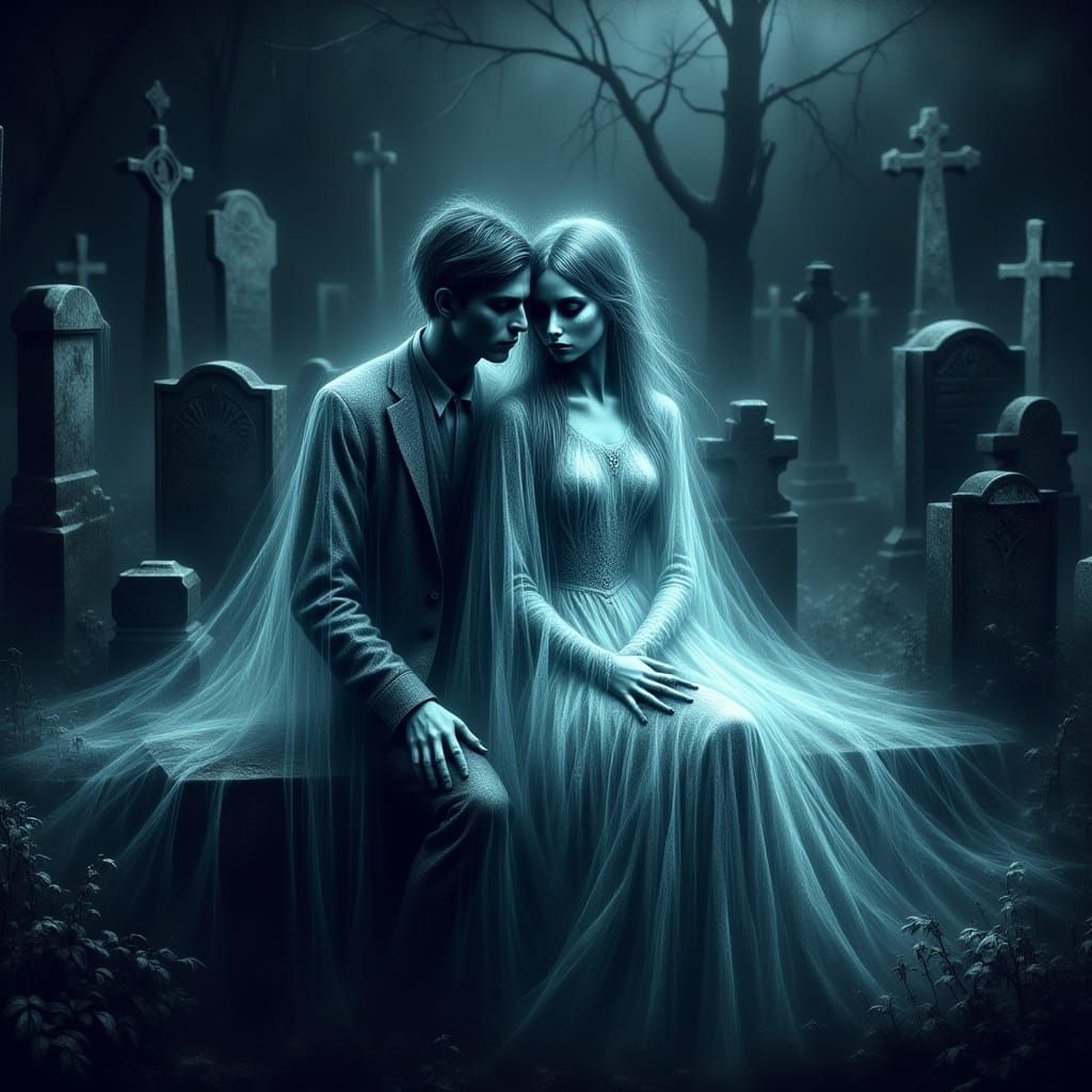 Ghostly Woman Beside Lover in Moonlit Cemetery
