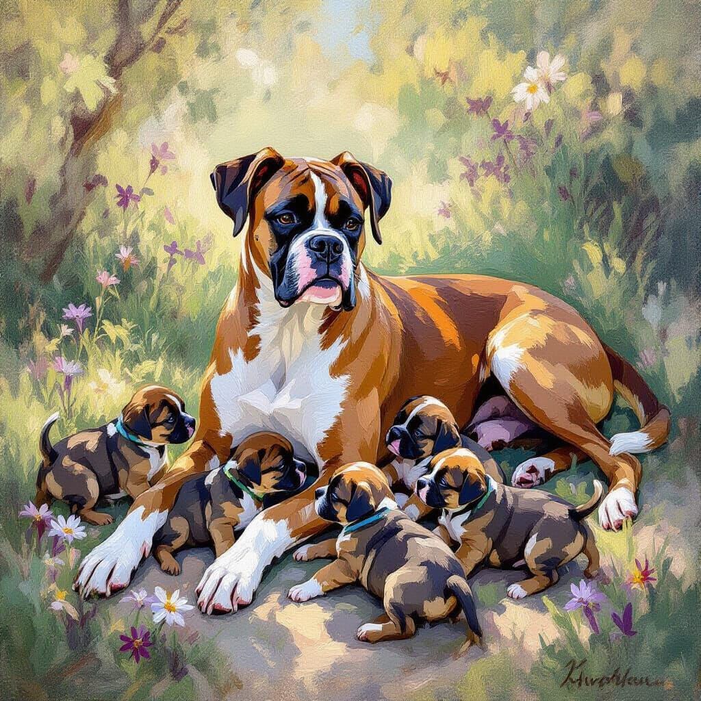 Boxer Mother and Puppies: Impressionist Garden Scene
