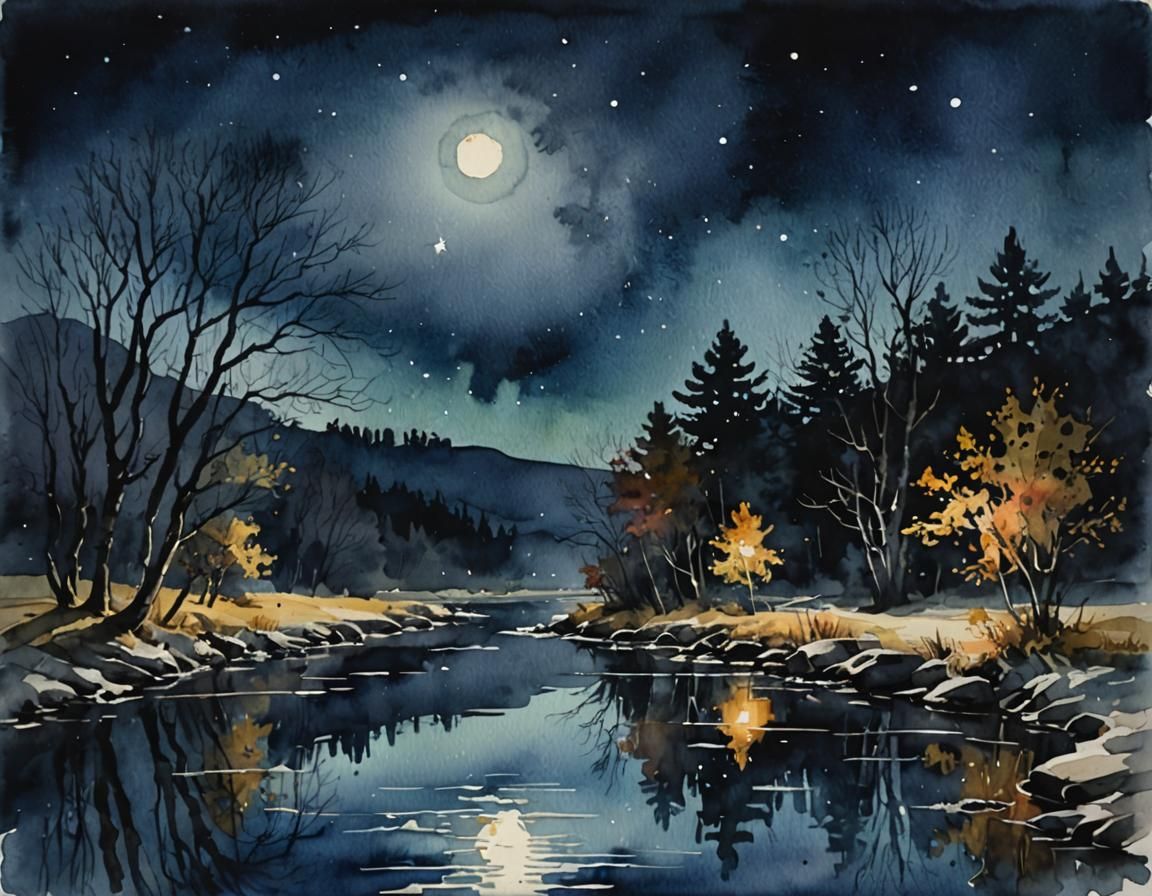 Moonlit River Scene in Deep Color Watercolor