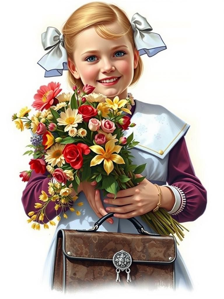pixar style unreal charming a beautiful schoolgirl girl, blonde with white bows on her head, in a school uniform dress, ...