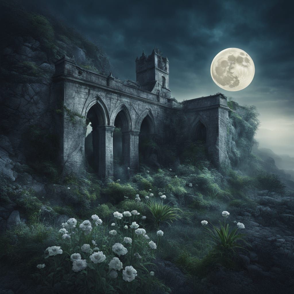 Spectral Garden on Cliff Edge in Ethereal Moonlight