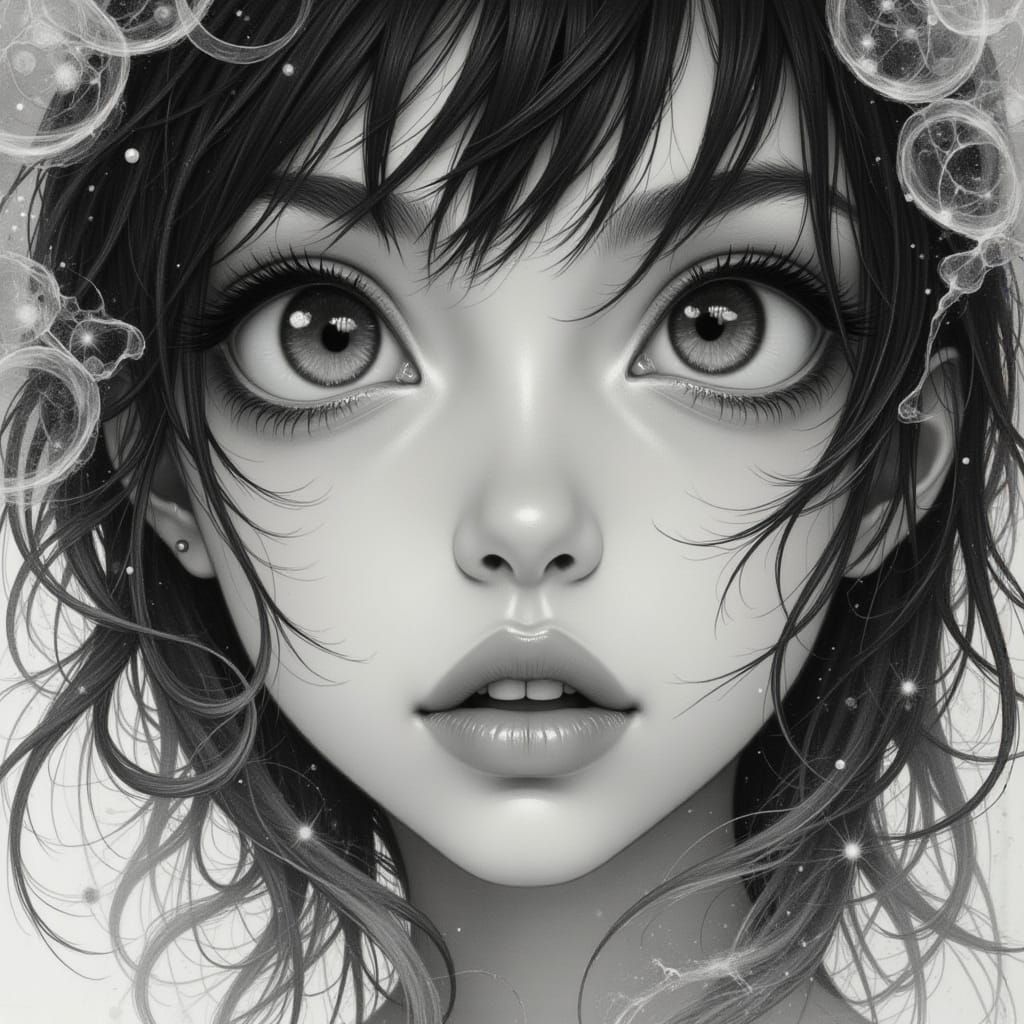 Anime Girl Portrait with Magical Energy in Pencil Detail