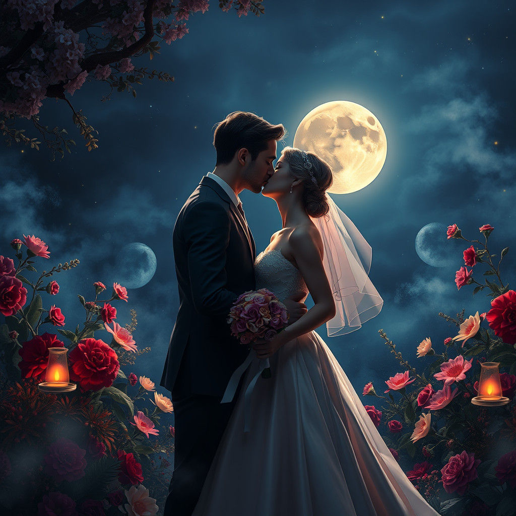 Moonlit Wedding Kiss in Dreamlike Fantasy Setting