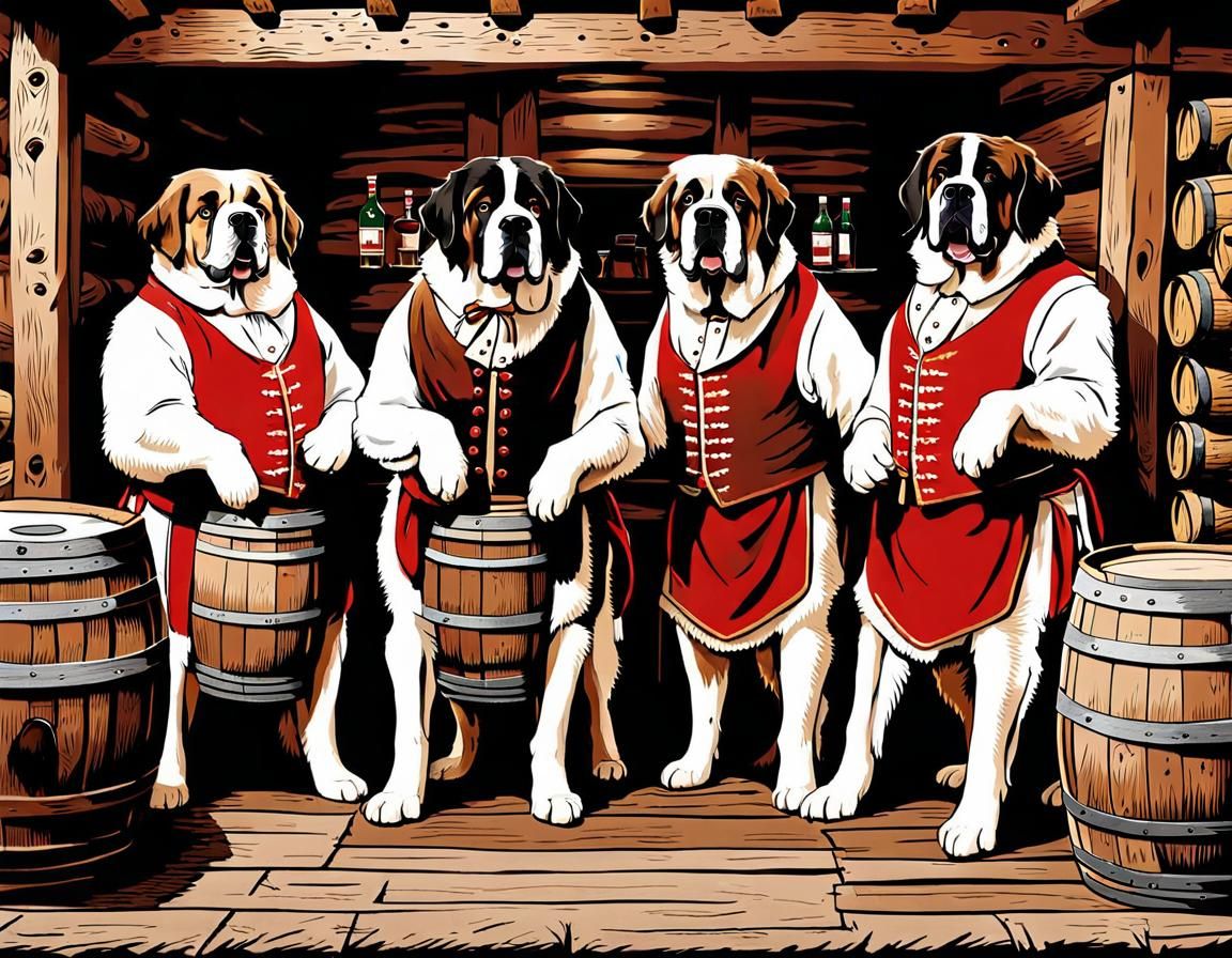 Humanoid St. Bernard Dogs in Swiss Tavern Illustration