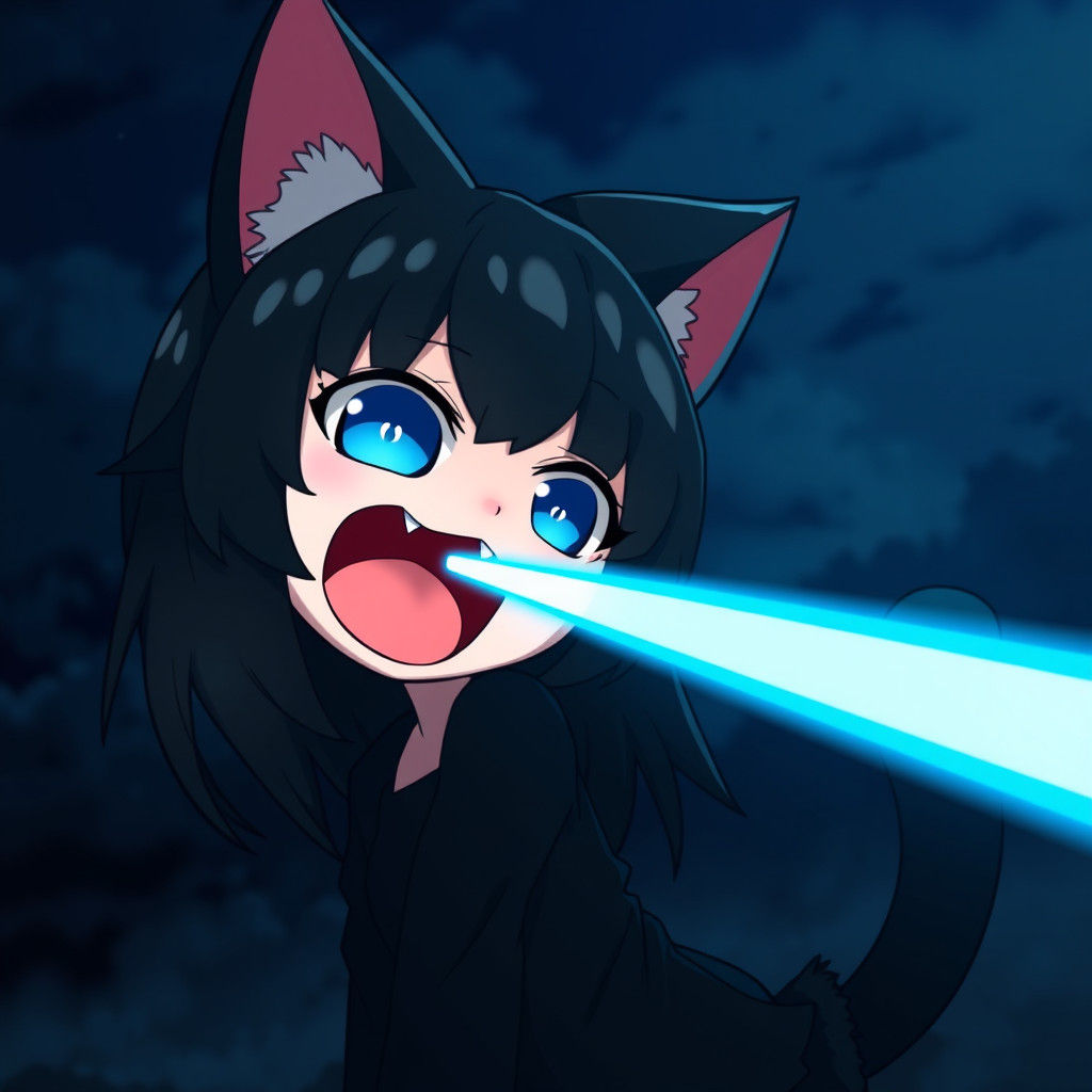 Anime Catgirl Fires Laser Beam in Dark Sky